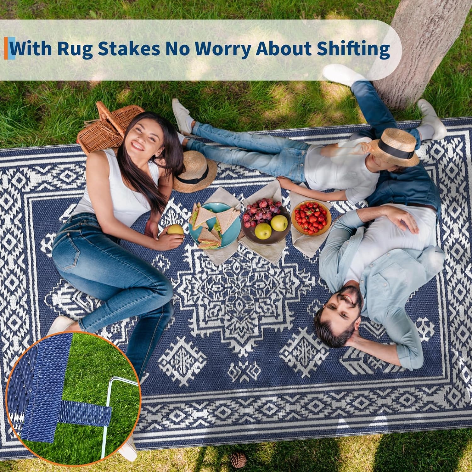image:imageGarvee Outdoor Rug 8x10 Vintage Medallion Outdoor Rug Waterproof Patio Rugs Plastic Carpet RV Mat Carpet for Patio Outside Entry Backyard Deck Bench Picnic CamperBlueGreyMedallion  Navy Blue  White