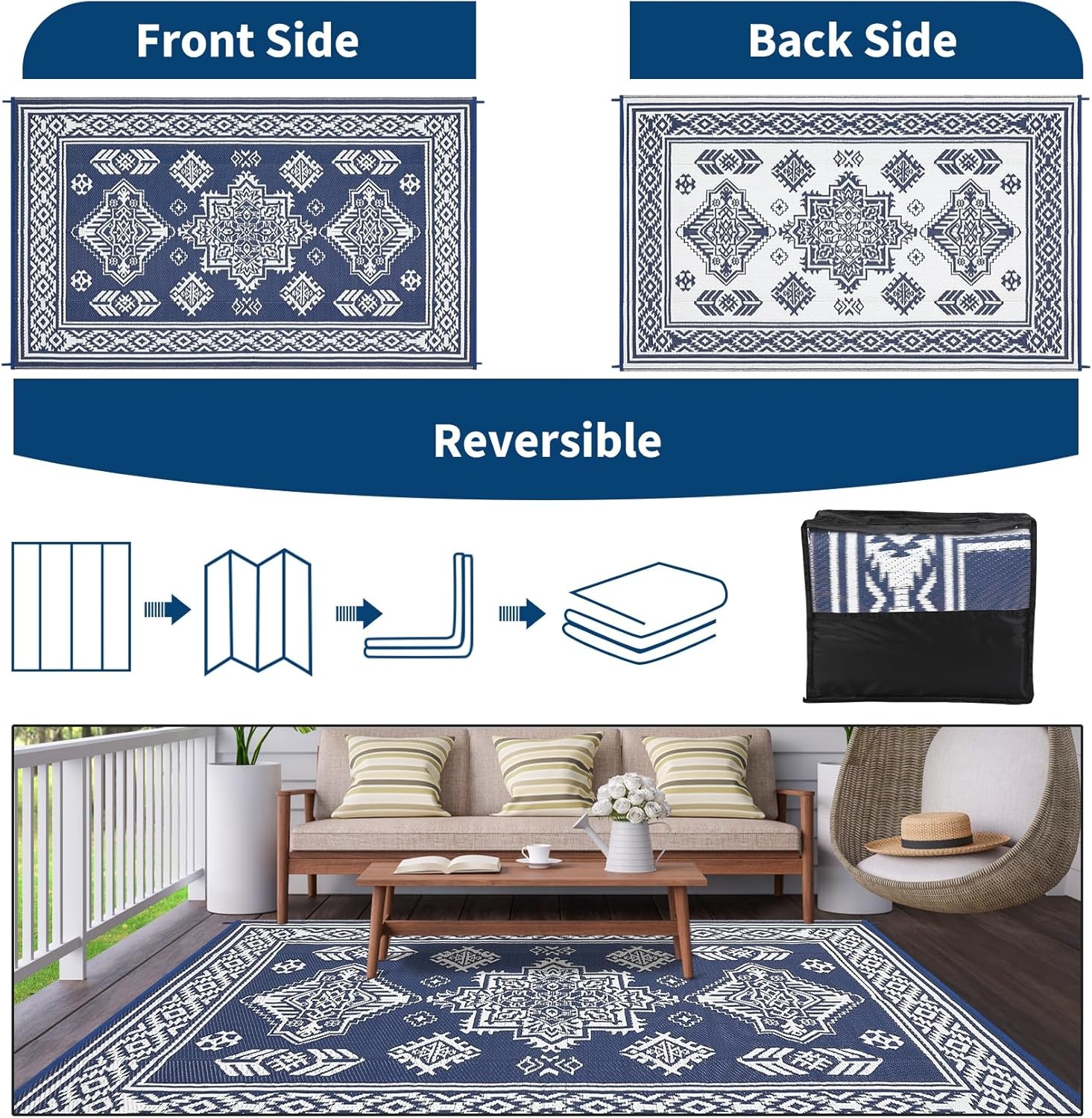 image:imageGarvee Outdoor Rug 8x10 Vintage Medallion Outdoor Rug Waterproof Patio Rugs Plastic Carpet RV Mat Carpet for Patio Outside Entry Backyard Deck Bench Picnic CamperBlueGreyMedallion  Navy Blue  White