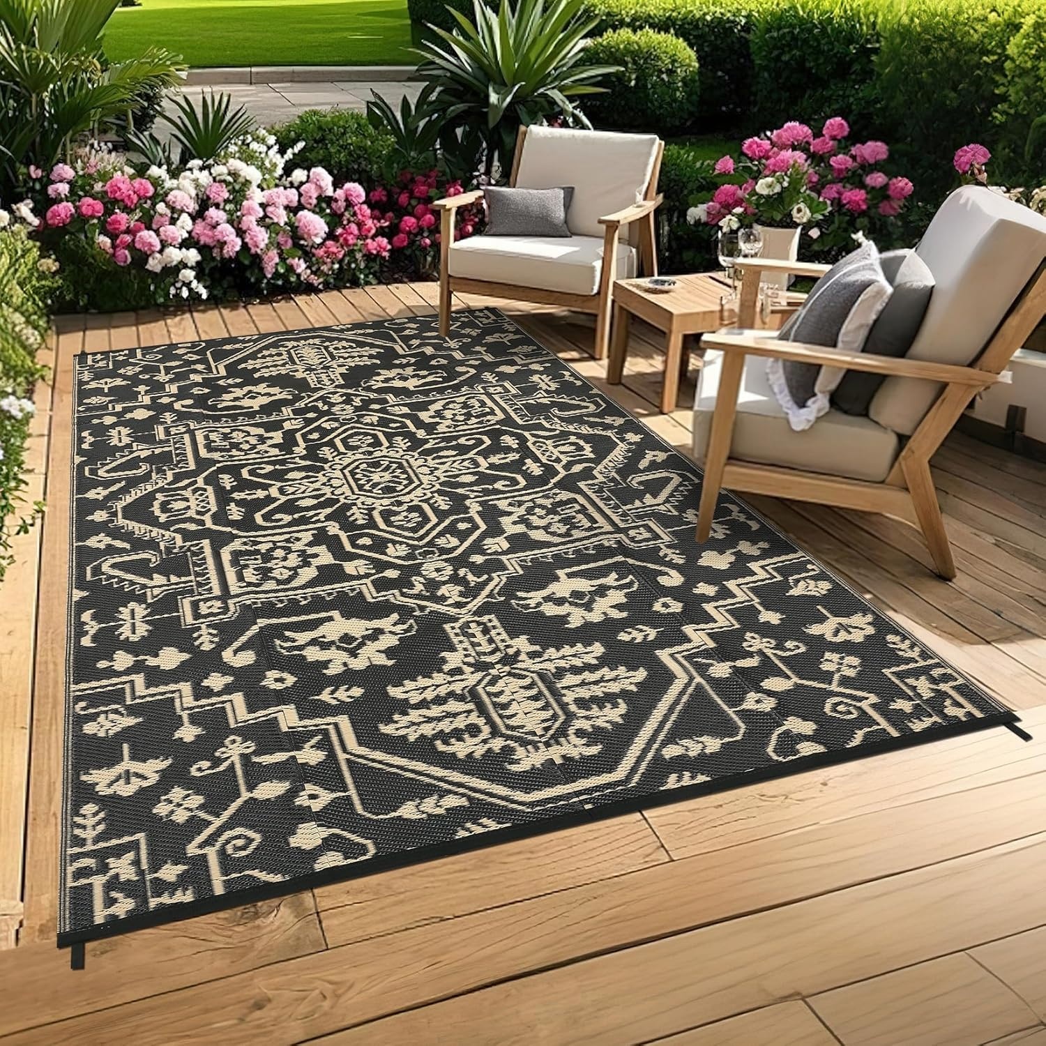 image:imageGarvee Outdoor Rug 8x10 Vintage Medallion Outdoor Rug Waterproof Patio Rugs Plastic Carpet RV Mat Carpet for Patio Outside Entry Backyard Deck Bench Picnic CamperBlueGreyBoho  BlackCoffee