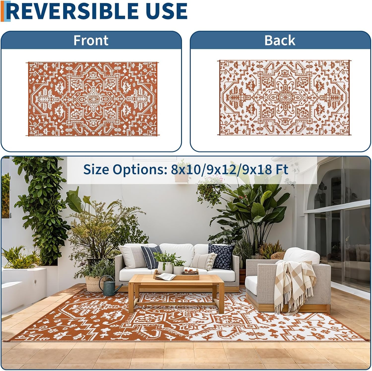 image:imageGarvee Outdoor Rug 8x10 Vintage Medallion Outdoor Rug Waterproof Patio Rugs Plastic Carpet RV Mat Carpet for Patio Outside Entry Backyard Deck Bench Picnic CamperBlueGreyBrick RedWhite