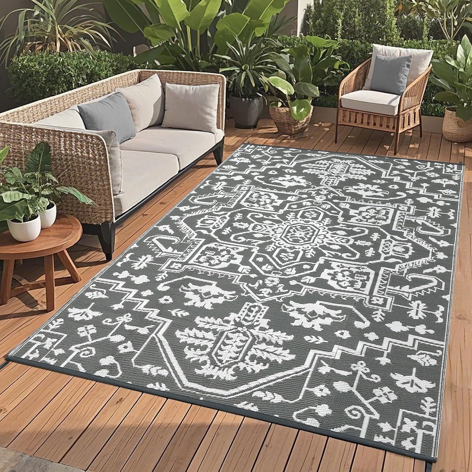 image:imageGarvee Outdoor Rug 8x10 Vintage Medallion Outdoor Rug Waterproof Patio Rugs Plastic Carpet RV Mat Carpet for Patio Outside Entry Backyard Deck Bench Picnic CamperBlueGreyGreyWhite