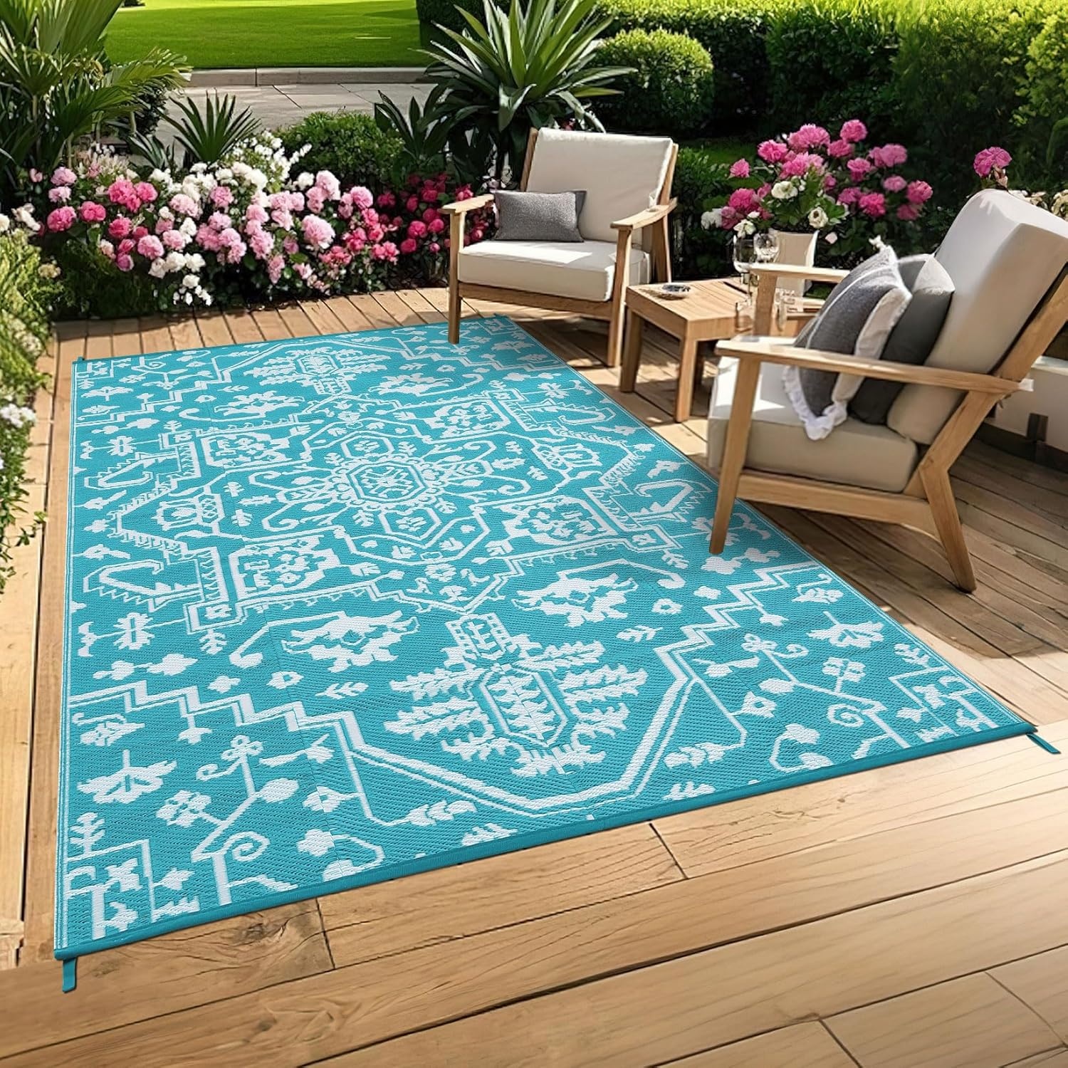 image:imageGarvee Outdoor Rug 8x10 Vintage Medallion Outdoor Rug Waterproof Patio Rugs Plastic Carpet RV Mat Carpet for Patio Outside Entry Backyard Deck Bench Picnic CamperBlueGreyBoho  Light BlueWhite