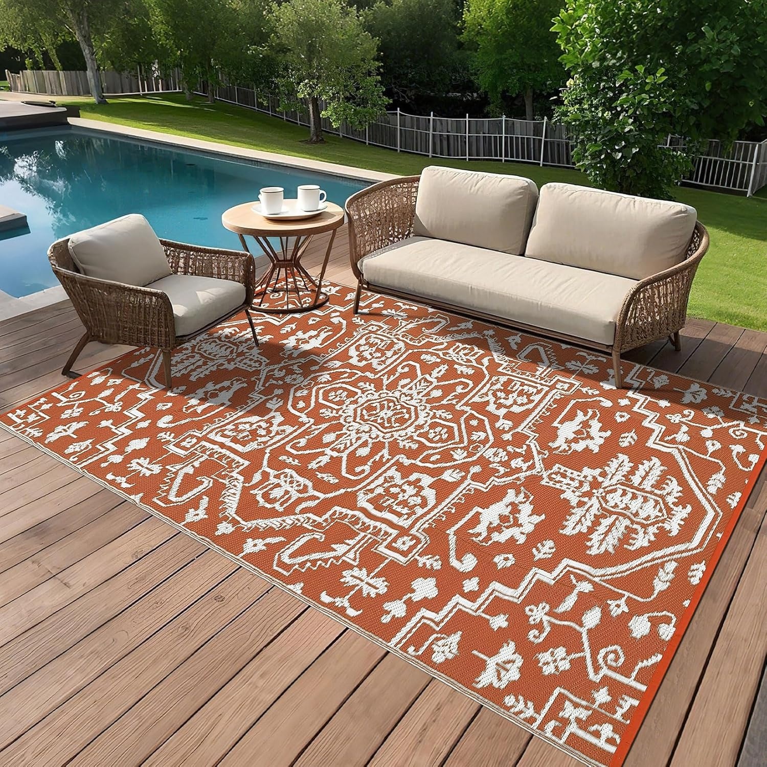 image:imageGarvee Outdoor Rug 8x10 Vintage Medallion Outdoor Rug Waterproof Patio Rugs Plastic Carpet RV Mat Carpet for Patio Outside Entry Backyard Deck Bench Picnic CamperBlueGreyBoho  Orange Red White
