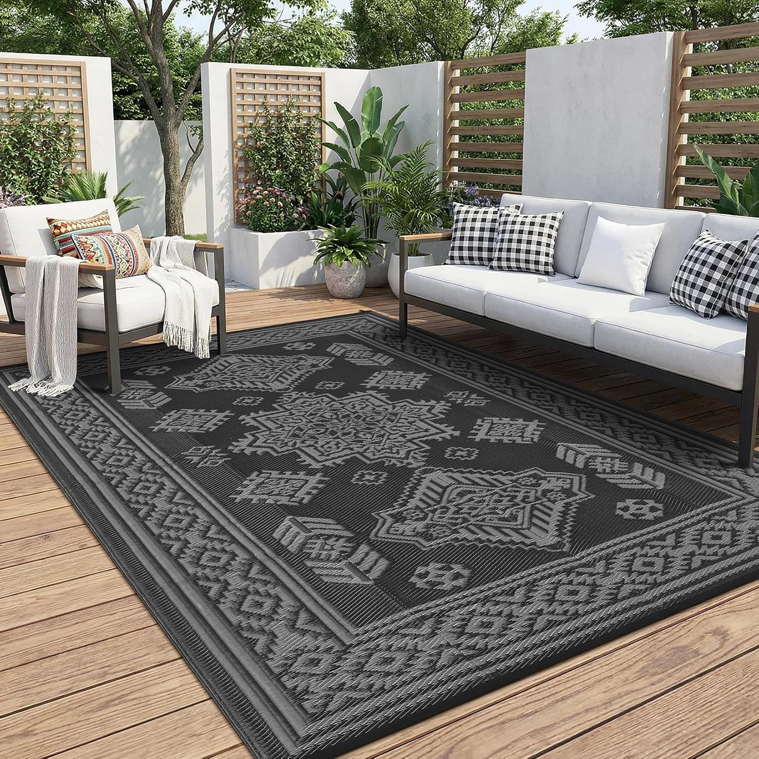 image:imageGarvee Outdoor Rug 8x10 Vintage Medallion Outdoor Rug Waterproof Patio Rugs Plastic Carpet RV Mat Carpet for Patio Outside Entry Backyard Deck Bench Picnic CamperBlueGreyMedallion  Black  Gray