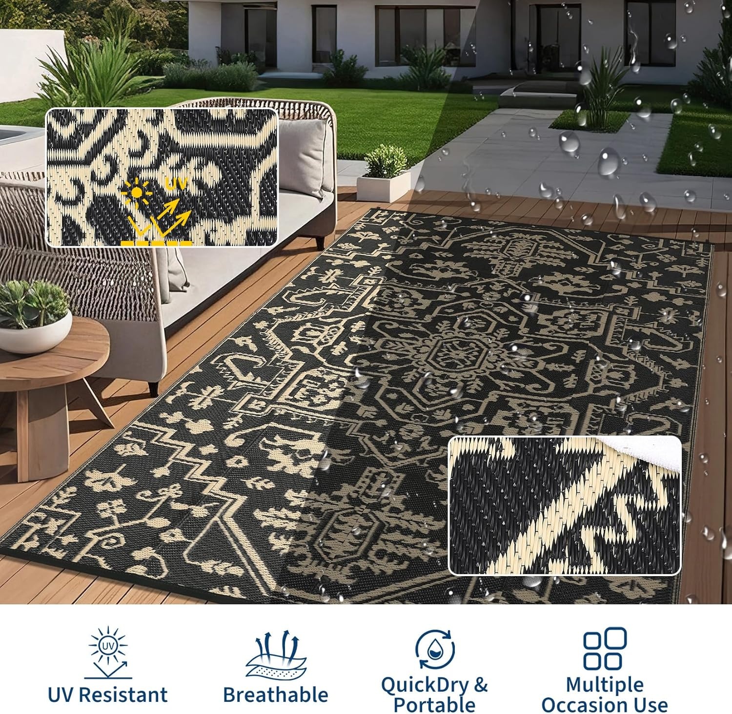 image:imageGarvee Outdoor Rug 8x10 Vintage Medallion Outdoor Rug Waterproof Patio Rugs Plastic Carpet RV Mat Carpet for Patio Outside Entry Backyard Deck Bench Picnic CamperBlueGreyBoho  BlackCoffee