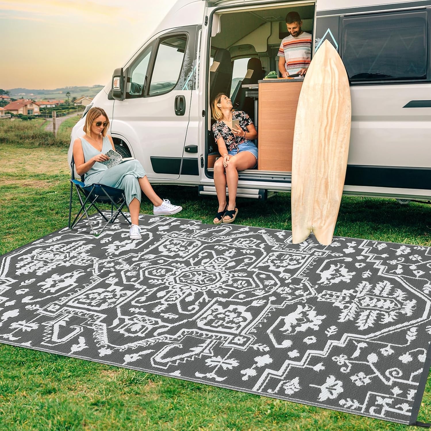 image:imageGarvee Outdoor Rug 8x10 Vintage Medallion Outdoor Rug Waterproof Patio Rugs Plastic Carpet RV Mat Carpet for Patio Outside Entry Backyard Deck Bench Picnic CamperBlueGreyGreyWhite