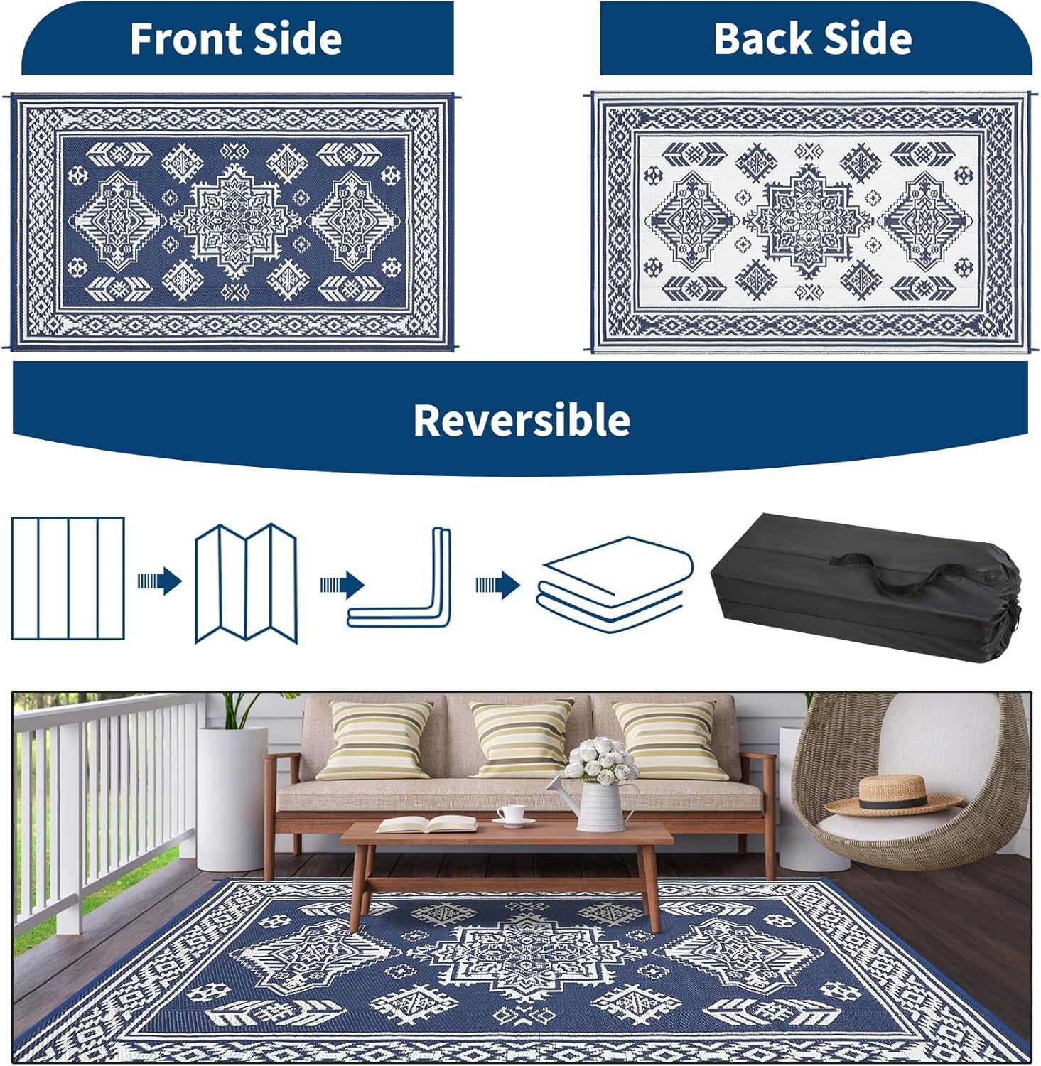 image:imageGarvee Outdoor Rug 8x10 Vintage Medallion Outdoor Rug Waterproof Patio Rugs Plastic Carpet RV Mat Carpet for Patio Outside Entry Backyard Deck Bench Picnic CamperBlueGreyMedallion  Navy Blue  White