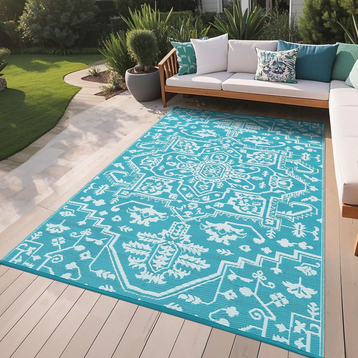 image:imageGarvee Outdoor Rug 8x10 Vintage Medallion Outdoor Rug Waterproof Patio Rugs Plastic Carpet RV Mat Carpet for Patio Outside Entry Backyard Deck Bench Picnic CamperBlueGreyBoho  Light BlueWhite
