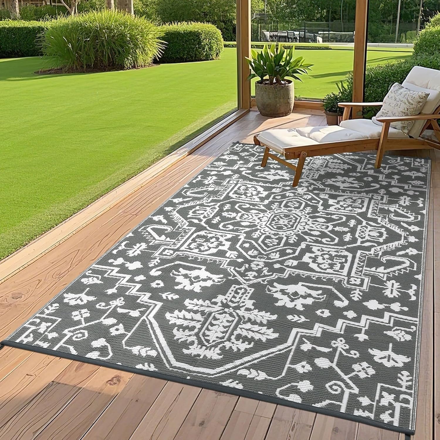 image:imageGarvee Outdoor Rug 8x10 Vintage Medallion Outdoor Rug Waterproof Patio Rugs Plastic Carpet RV Mat Carpet for Patio Outside Entry Backyard Deck Bench Picnic CamperBlueGreyGreyWhite