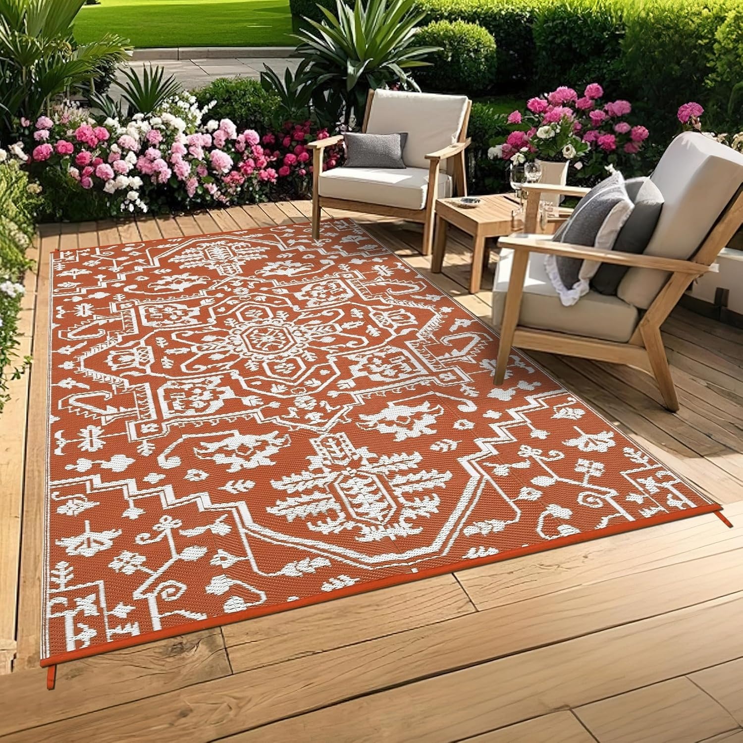 image:imageGarvee Outdoor Rug 8x10 Vintage Medallion Outdoor Rug Waterproof Patio Rugs Plastic Carpet RV Mat Carpet for Patio Outside Entry Backyard Deck Bench Picnic CamperBlueGreyBrick Redwhite
