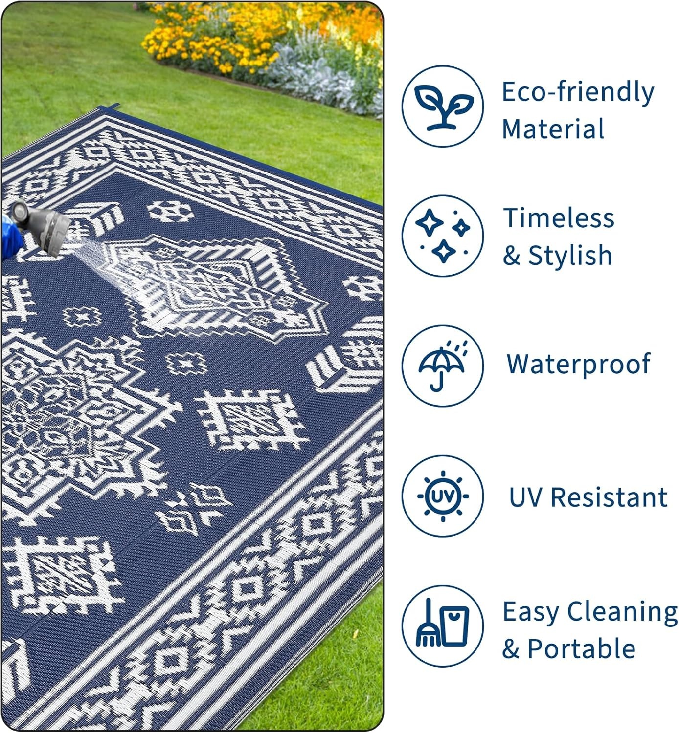 image:imageGarvee Outdoor Rug 8x10 Vintage Medallion Outdoor Rug Waterproof Patio Rugs Plastic Carpet RV Mat Carpet for Patio Outside Entry Backyard Deck Bench Picnic CamperBlueGreyMedallion  Navy Blue  White