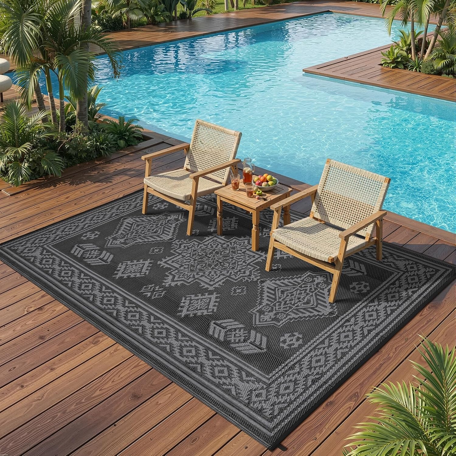 image:imageGarvee Outdoor Rug 8x10 Vintage Medallion Outdoor Rug Waterproof Patio Rugs Plastic Carpet RV Mat Carpet for Patio Outside Entry Backyard Deck Bench Picnic CamperBlueGreyMedallion  Black  Gray