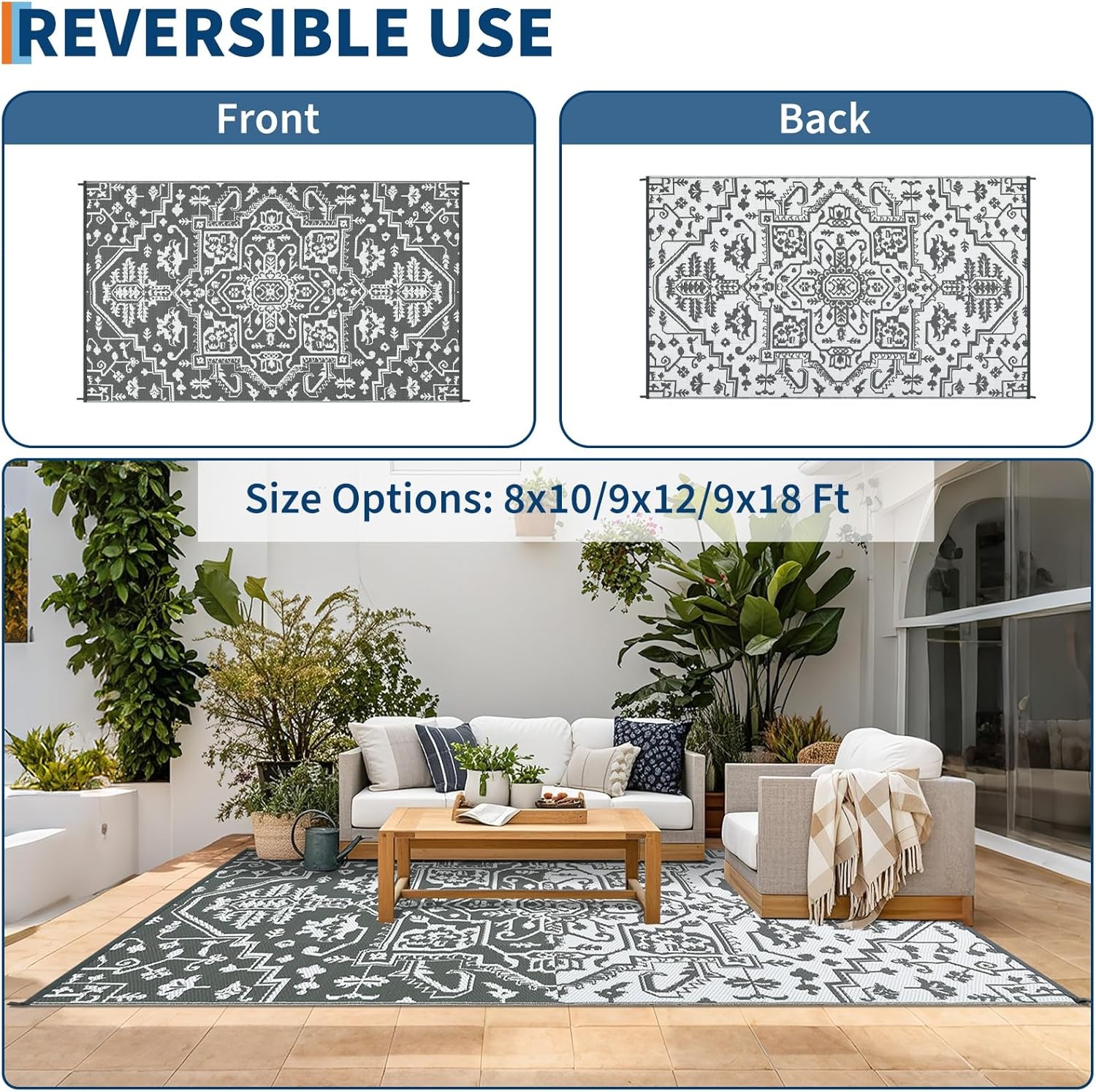 image:imageGarvee Outdoor Rug 8x10 Vintage Medallion Outdoor Rug Waterproof Patio Rugs Plastic Carpet RV Mat Carpet for Patio Outside Entry Backyard Deck Bench Picnic CamperBlueGreyGreyWhite