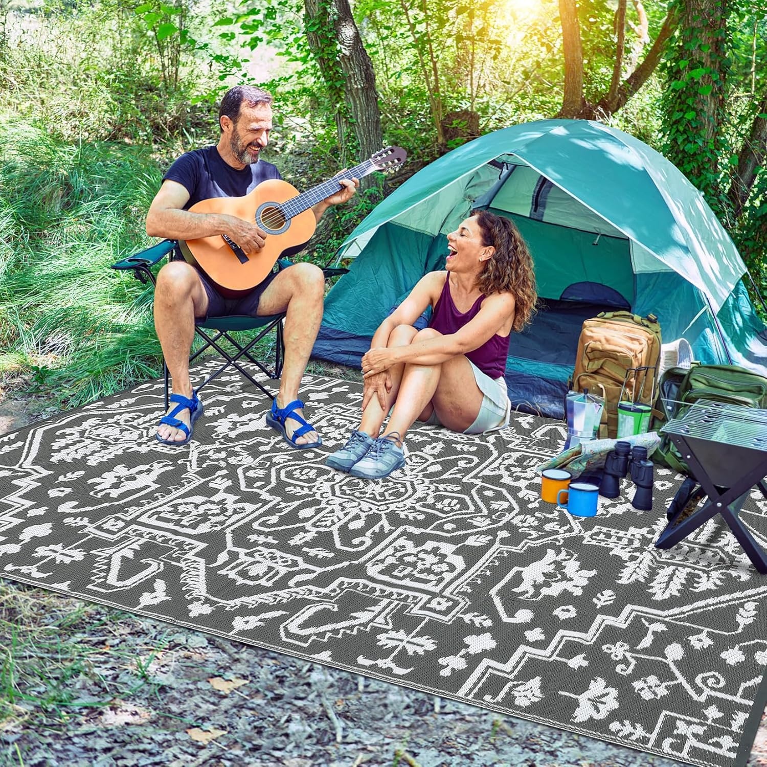 image:imageGarvee Outdoor Rug 8x10 Vintage Medallion Outdoor Rug Waterproof Patio Rugs Plastic Carpet RV Mat Carpet for Patio Outside Entry Backyard Deck Bench Picnic CamperBlueGreyGreyWhite