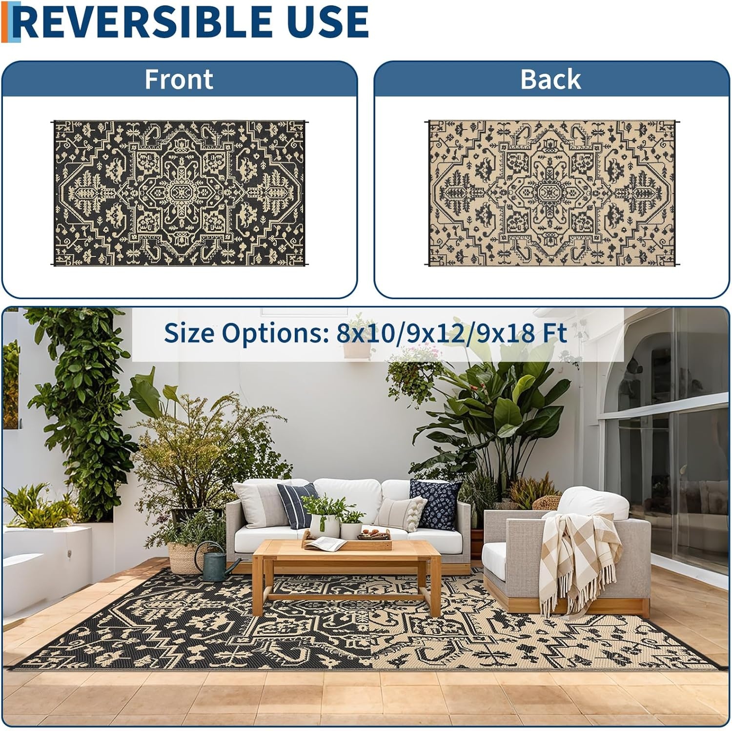 image:imageGarvee Outdoor Rug 8x10 Vintage Medallion Outdoor Rug Waterproof Patio Rugs Plastic Carpet RV Mat Carpet for Patio Outside Entry Backyard Deck Bench Picnic CamperBlueGreyBoho  BlackCoffee
