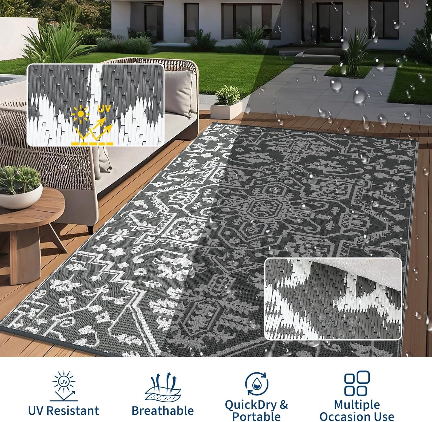 image:imageGarvee Outdoor Rug 8x10 Vintage Medallion Outdoor Rug Waterproof Patio Rugs Plastic Carpet RV Mat Carpet for Patio Outside Entry Backyard Deck Bench Picnic CamperBlueGreyGreyWhite
