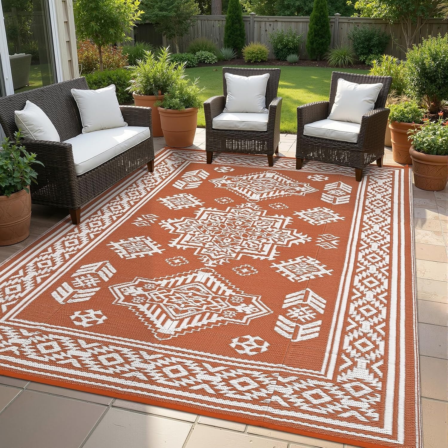 image:imageGarvee Outdoor Rug 8x10 Vintage Medallion Outdoor Rug Waterproof Patio Rugs Plastic Carpet RV Mat Carpet for Patio Outside Entry Backyard Deck Bench Picnic CamperBlueGreyMedallion  Orange  White