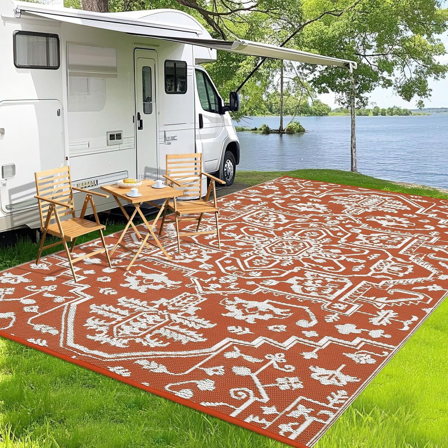 image:imageGarvee Outdoor Rug 8x10 Vintage Medallion Outdoor Rug Waterproof Patio Rugs Plastic Carpet RV Mat Carpet for Patio Outside Entry Backyard Deck Bench Picnic CamperBlueGreyBoho  Orange Red White