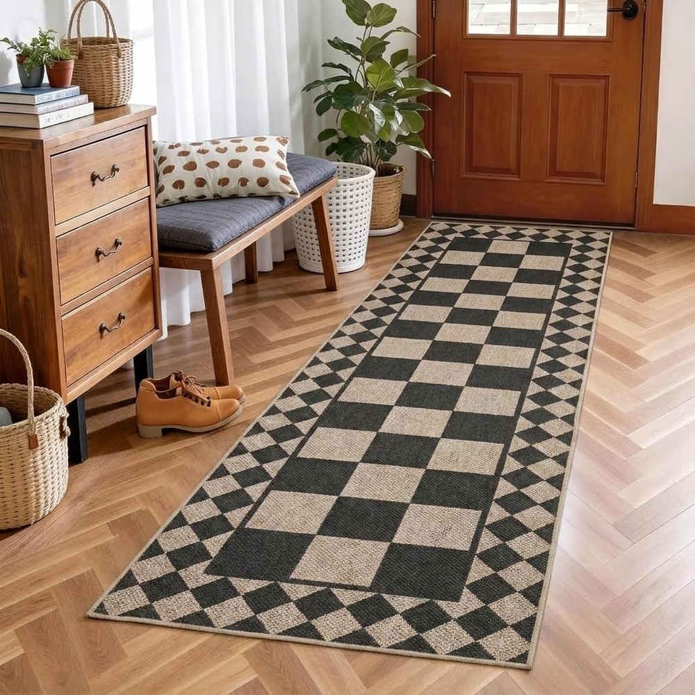 image:imageGarvee 9x12 Indoor Outdoor Rugs Easy Jute Scalloped Living Room Rugs with Non Slip Backing Modern Border Washable Rug Stain Resistant Non Shedding Neutral Mats for Dining Room Bedroom Patio BrownCheckeredblack White