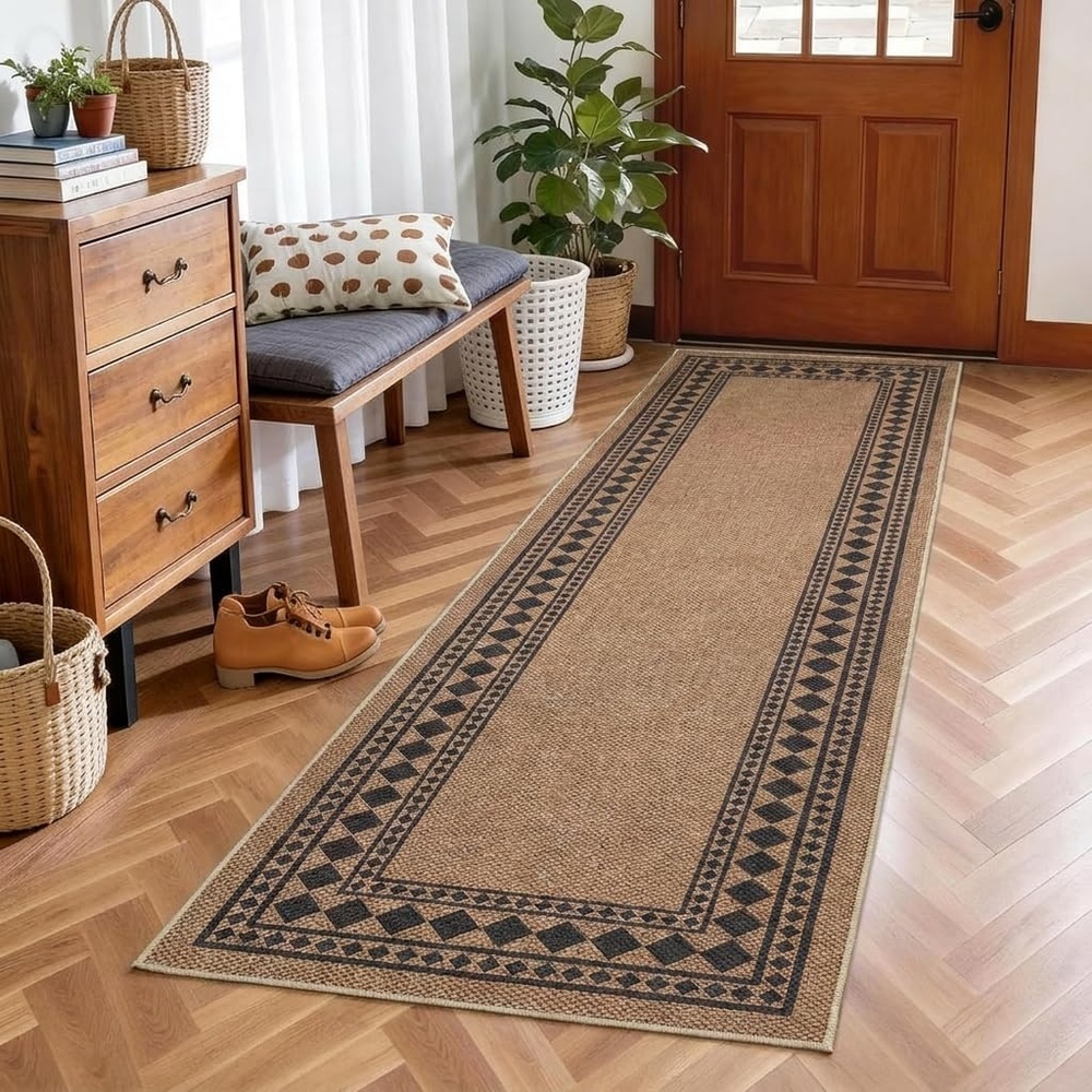 image:imageGarvee 9x12 Indoor Outdoor Rugs Easy Jute Scalloped Living Room Rugs with Non Slip Backing Modern Border Washable Rug Stain Resistant Non Shedding Neutral Mats for Dining Room Bedroom Patio BrownBorderedbrown