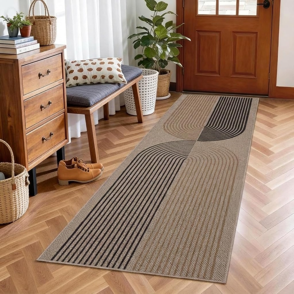 image:imageGarvee 9x12 Indoor Outdoor Rugs Easy Jute Scalloped Living Room Rugs with Non Slip Backing Modern Border Washable Rug Stain Resistant Non Shedding Neutral Mats for Dining Room Bedroom Patio BrownRainbownaturetan