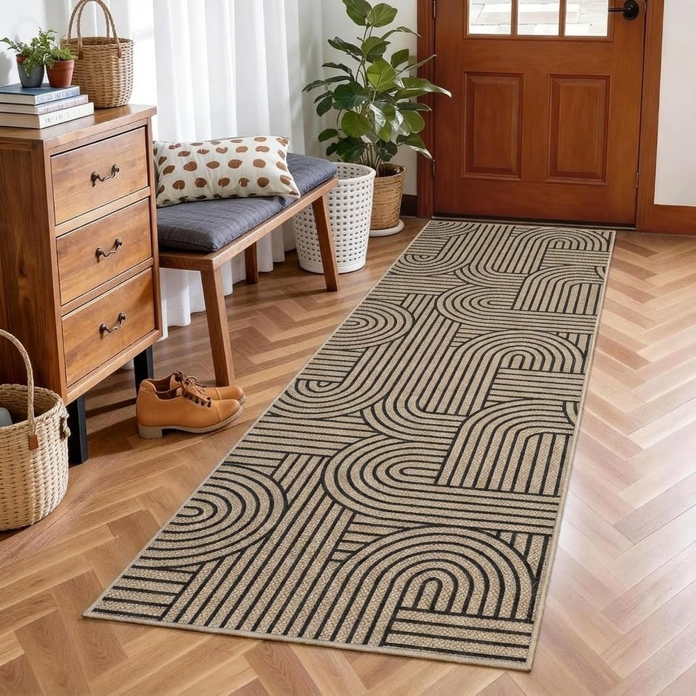 image:imageGarvee 9x12 Indoor Outdoor Rugs Easy Jute Scalloped Living Room Rugs with Non Slip Backing Modern Border Washable Rug Stain Resistant Non Shedding Neutral Mats for Dining Room Bedroom Patio BrownStripednature