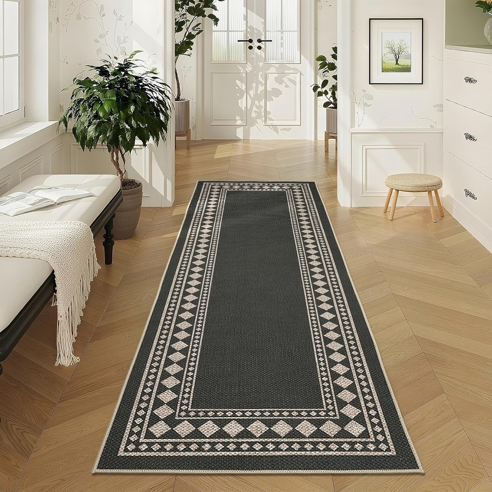 image:imageGarvee 9x12 Indoor Outdoor Rugs Easy Jute Scalloped Living Room Rugs with Non Slip Backing Modern Border Washable Rug Stain Resistant Non Shedding Neutral Mats for Dining Room Bedroom Patio BrownBorderedblack