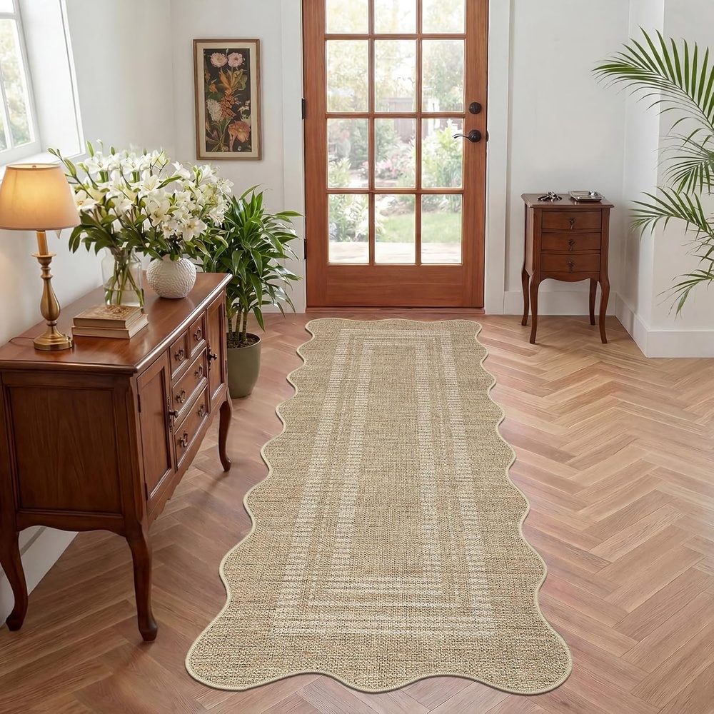 image:imageGarvee 9x12 Indoor Outdoor Rugs Easy Jute Scalloped Living Room Rugs with Non Slip Backing Modern Border Washable Rug Stain Resistant Non Shedding Neutral Mats for Dining Room Bedroom Patio BrownScallopednature