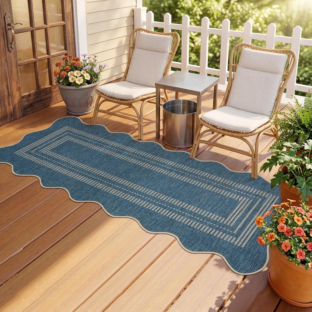image:imageGarvee 9x12 Indoor Outdoor Rugs Easy Jute Scalloped Living Room Rugs with Non Slip Backing Modern Border Washable Rug Stain Resistant Non Shedding Neutral Mats for Dining Room Bedroom Patio BrownScallopeddenim Blue