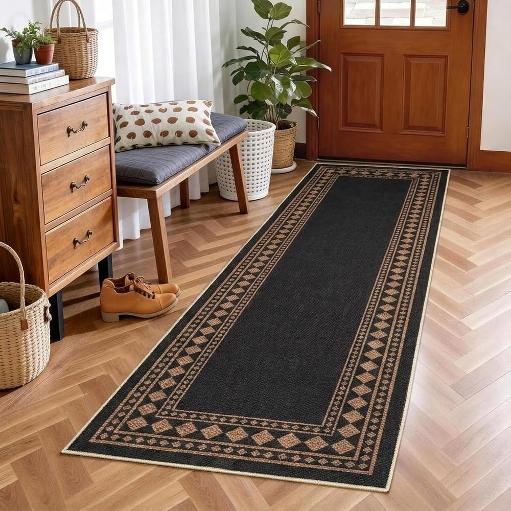 image:imageGarvee 9x12 Indoor Outdoor Rugs Easy Jute Scalloped Living Room Rugs with Non Slip Backing Modern Border Washable Rug Stain Resistant Non Shedding Neutral Mats for Dining Room Bedroom Patio BrownBorderedblack Brown