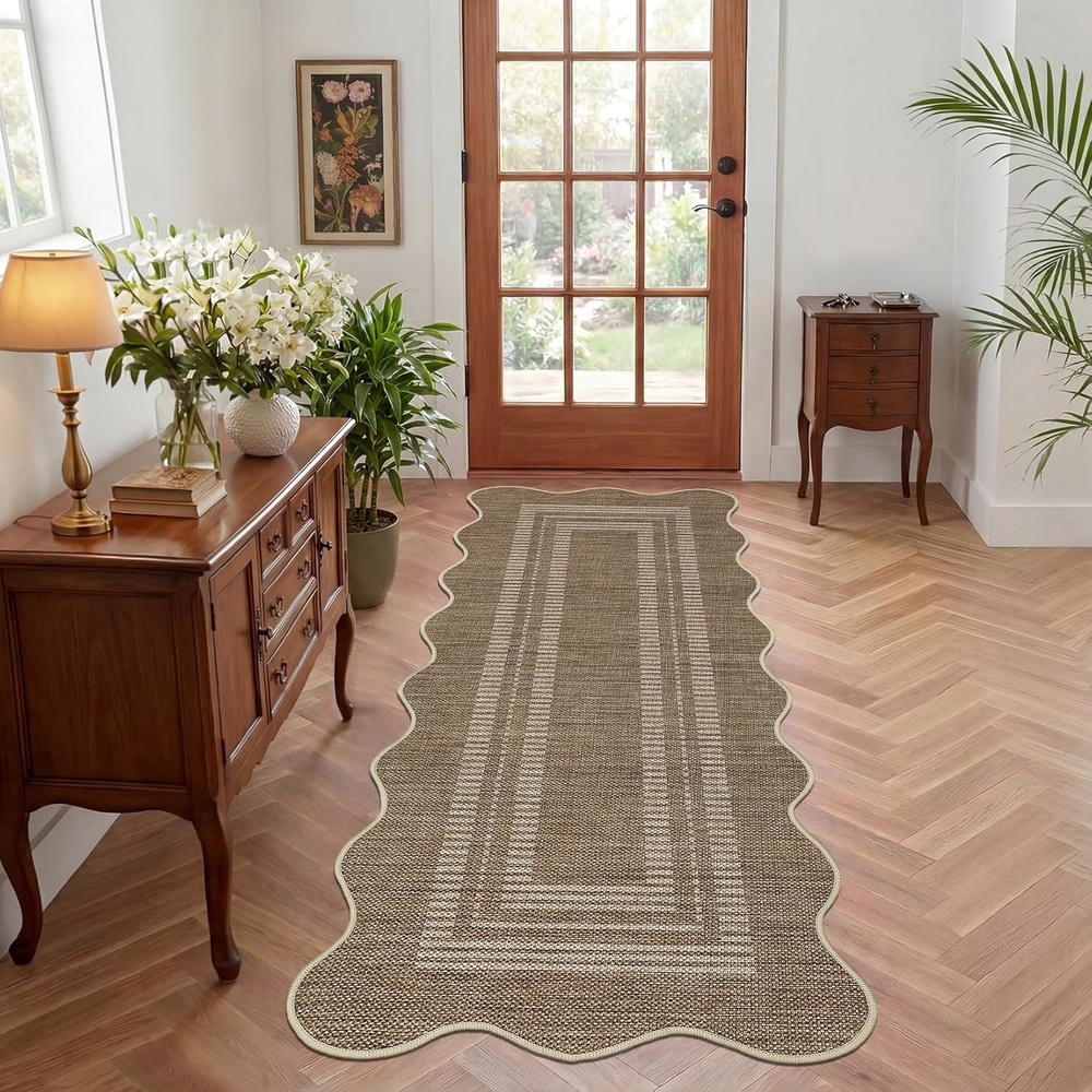 image:imageGarvee 9x12 Indoor Outdoor Rugs Easy Jute Scalloped Living Room Rugs with Non Slip Backing Modern Border Washable Rug Stain Resistant Non Shedding Neutral Mats for Dining Room Bedroom Patio BrownScallopedbrown