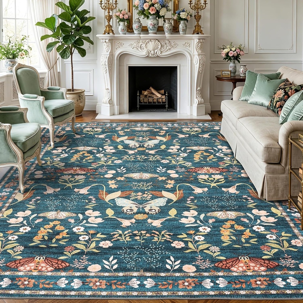 image:imageGarvee 9x12 Washable Area Rug NonSlip Low Pile Rug with Butterfly Floral Stain Resistance Carpet for Living Room Bedroom Dining Room BlackDark Green