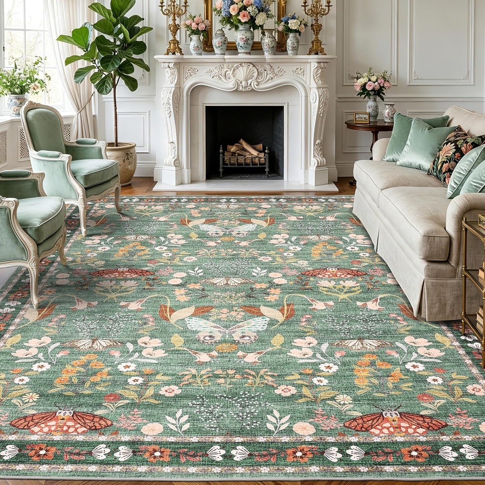 image:imageGarvee 9x12 Washable Area Rug NonSlip Low Pile Rug with Butterfly Floral Stain Resistance Carpet for Living Room Bedroom Dining Room BlackLight Green