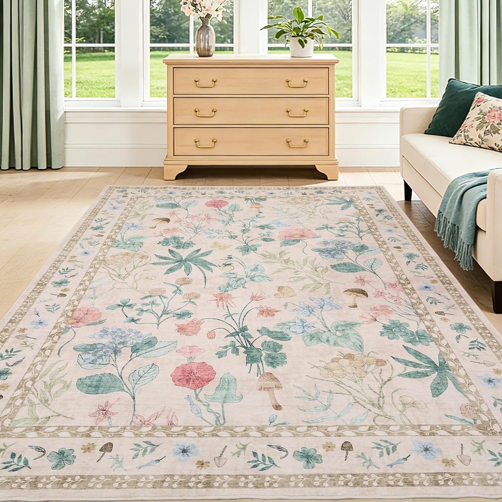 image:imageGarvee 9x12 Washable Floral Area Rug NonSlip Low Pile Rug Stain Resistance Carpet for Living Room Bedroom Dining Room BrownBeige