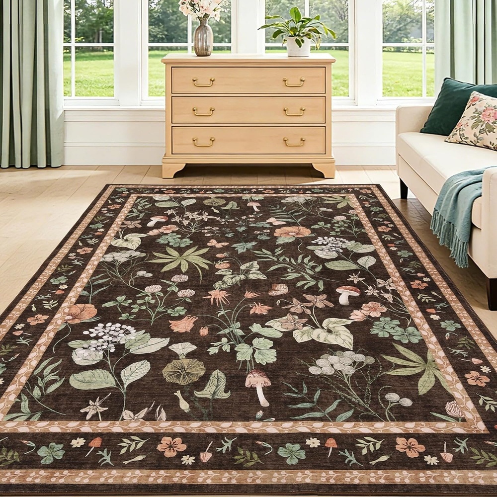 image:imageGarvee 9x12 Washable Floral Area Rug NonSlip Low Pile Rug Stain Resistance Carpet for Living Room Bedroom Dining Room BrownBrown