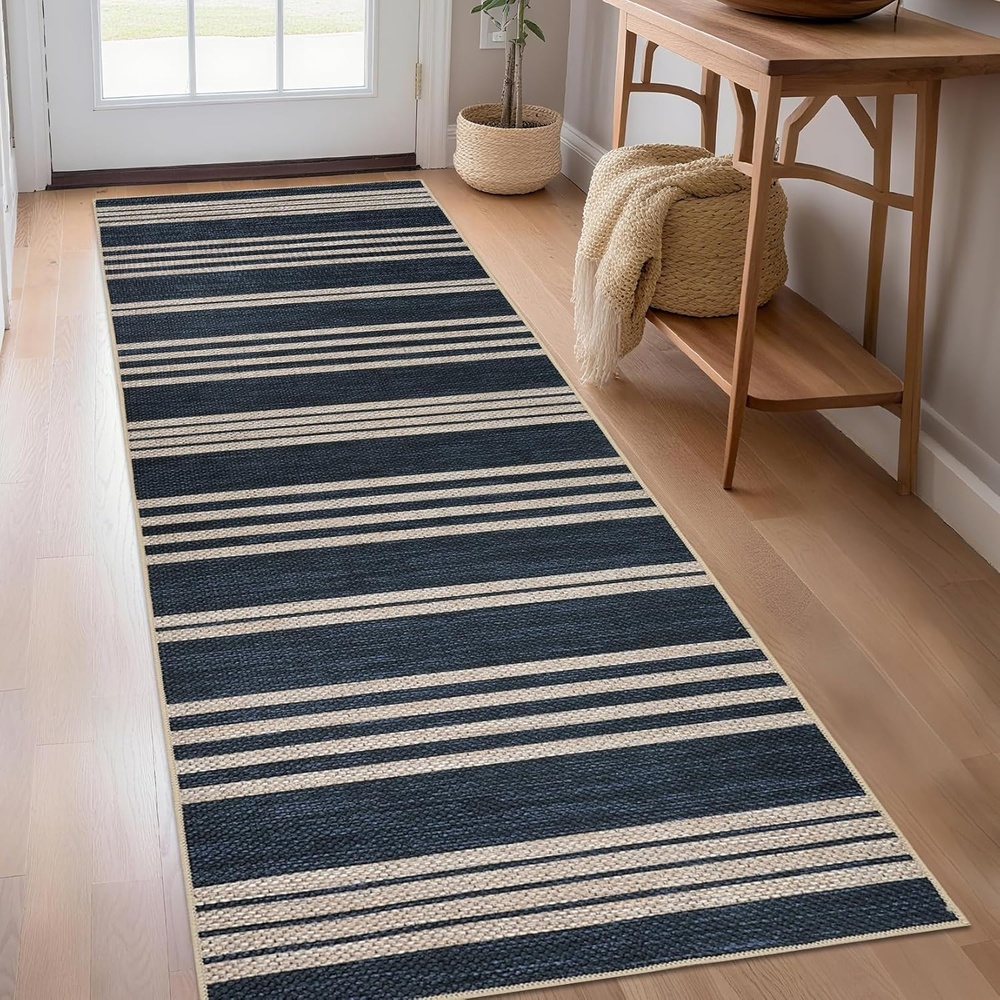 image:imageGarvee Easy Jute Modern Striped Rug 5x7 Area Rugs for Living Room Washable Rugs Bedroom Rug Stain Resistant Non Slip Floor Cover for Dining Room Office Nursery BlackampBrownStriped  Navy