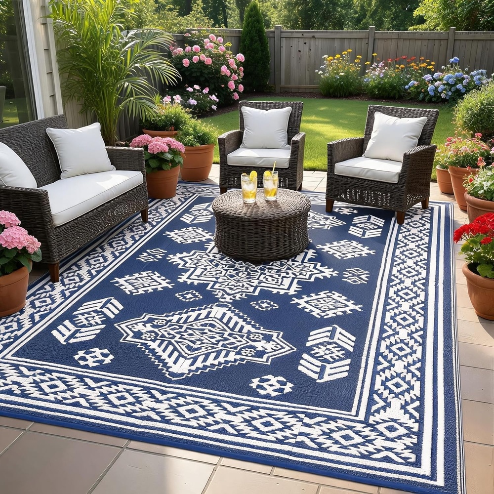 image:imageGarvee Outdoor Rug 8x10 Vintage Medallion Outdoor Rug Waterproof Patio Rugs Plastic Carpet RV Mat Carpet for Patio Outside Entry Backyard Deck Bench Picnic CamperBlueGreyMedallion  Navy Blue  White