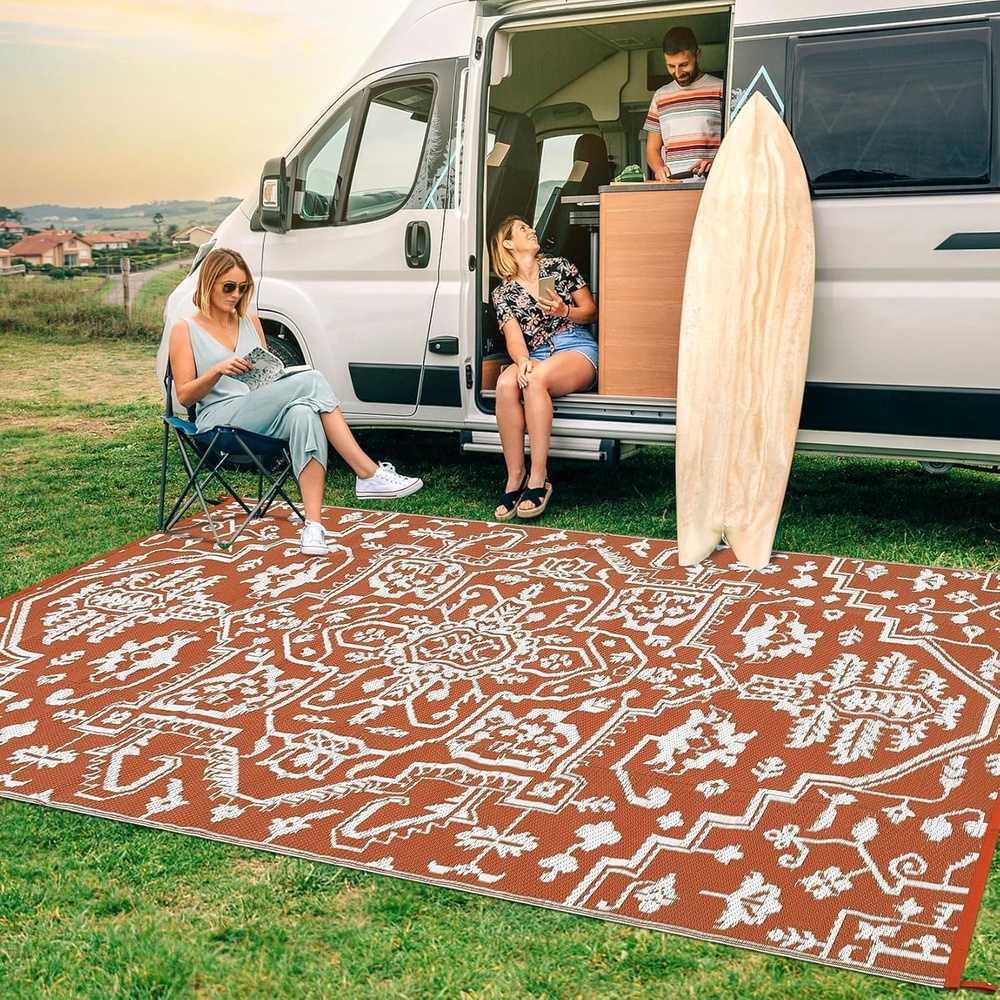 image:imageGarvee Outdoor Rug 8x10 Vintage Medallion Outdoor Rug Waterproof Patio Rugs Plastic Carpet RV Mat Carpet for Patio Outside Entry Backyard Deck Bench Picnic CamperBlueGreyBrick RedWhite
