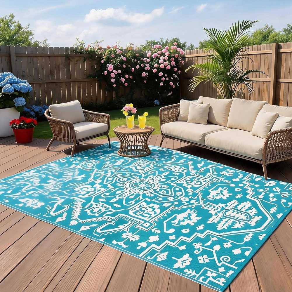 image:imageGarvee Outdoor Rug 8x10 Vintage Medallion Outdoor Rug Waterproof Patio Rugs Plastic Carpet RV Mat Carpet for Patio Outside Entry Backyard Deck Bench Picnic CamperBlueGreyBoho  Light BlueWhite