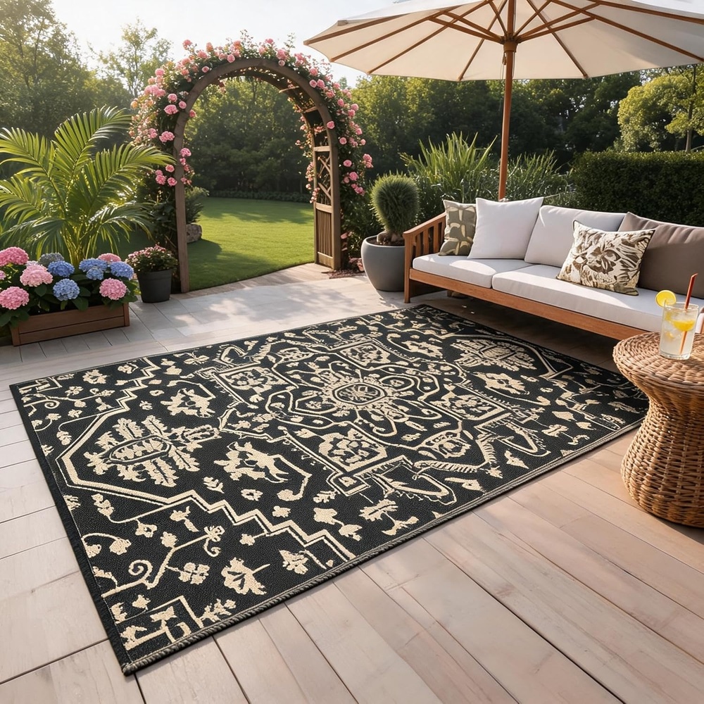 image:imageGarvee Outdoor Rug 8x10 Vintage Medallion Outdoor Rug Waterproof Patio Rugs Plastic Carpet RV Mat Carpet for Patio Outside Entry Backyard Deck Bench Picnic CamperBlueGreyBoho  BlackCoffee