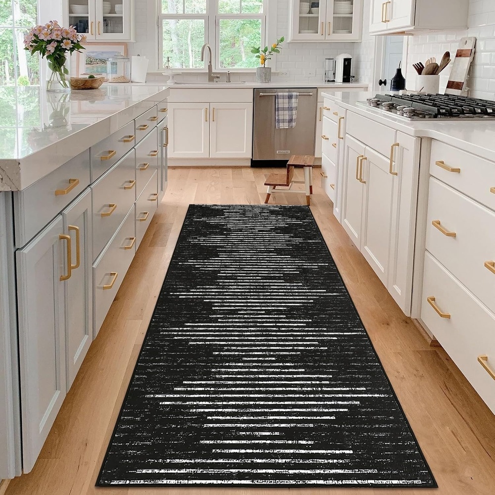 image:imageGarvee Washable Kitchen Rugs Diamond Stripes Area Rug for Hallway Contemporary Distressed Front Door Area Rug Non Slip Neutral Soft Runner Rugs for Entryway Black and White 2x6Black