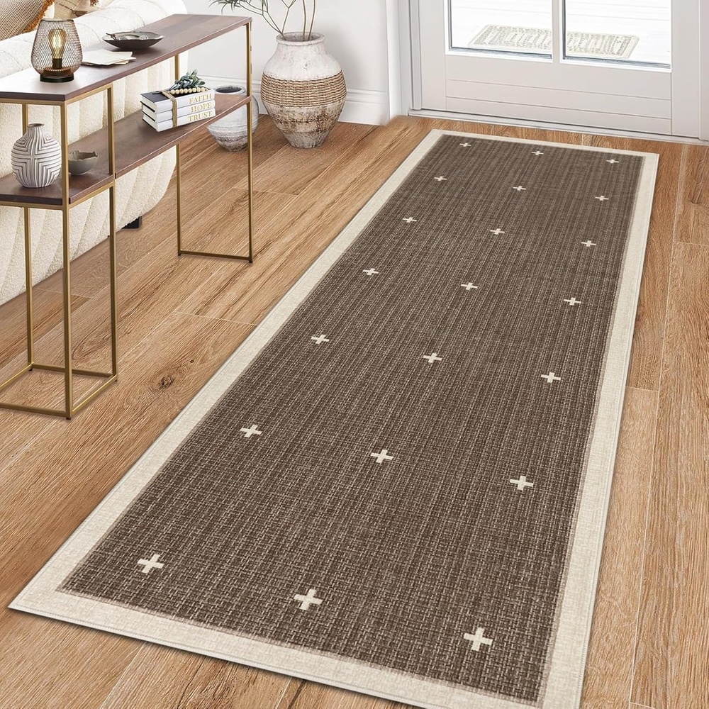 image:imageGarvee Washable Runner Rug 2x6 Hallway Runner Non Slip Kitchen Rugs Soft Non Shedding Low Pile Entryway Rug Bordered Farmhouse Stain Resistant Carpet for Bath Laundry Room Dark Brown