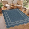 Garvee 9×12 Indoor Outdoor Rugs Easy Jute Scalloped Living Room Rugs with Non Slip Backing, Modern Border Washable Rug Stain Resistant Non Shedding Neutral Mats for Dining Room, Bedroom, Patio, Brown(Scalloped|denim Blue)