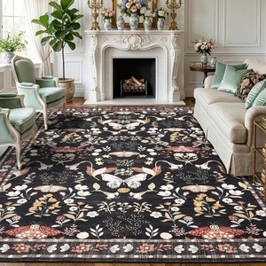 Garvee 9×12 Washable Area Rug, Non-Slip Low Pile Rug with Butterfly Floral, Stain Resistance Carpet for Living Room, Bedroom, Dining Room, Black(Black)