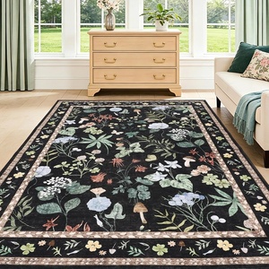 Garvee 9×12 Washable Floral Area Rug, Non-Slip Low Pile Rug, Stain Resistance Carpet for Living Room, Bedroom, Dining Room, Brown(Black)