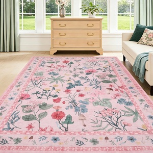 Garvee 9×12 Washable Floral Area Rug, Non-Slip Low Pile Rug, Stain Resistance Carpet for Living Room, Bedroom, Dining Room, Brown(Pink)