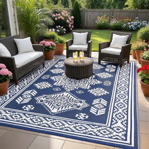 Garvee Outdoor Rug 8×10 Vintage Medallion Outdoor Rug Waterproof Patio Rugs Plastic Carpet RV Mat Carpet for Patio, Outside Entry, Backyard, Deck, Bench, Picnic, Camper，Blue/Grey(Medallion – Navy Blue & White)