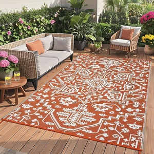 Garvee Outdoor Rug 8×10 Vintage Medallion Outdoor Rug Waterproof Patio Rugs Plastic Carpet RV Mat Carpet for Patio, Outside Entry, Backyard, Deck, Bench, Picnic, Camper，Blue/Grey(Boho – Orange Red White)