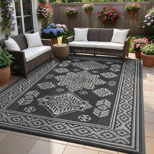 Garvee Outdoor Rug 8×10 Vintage Medallion Outdoor Rug Waterproof Patio Rugs Plastic Carpet RV Mat Carpet for Patio, Outside Entry, Backyard, Deck, Bench, Picnic, Camper，Blue/Grey(Medallion – Black & Gray)