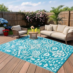 Garvee Outdoor Rug 8×10 Vintage Medallion Outdoor Rug Waterproof Patio Rugs Plastic Carpet RV Mat Carpet for Patio, Outside Entry, Backyard, Deck, Bench, Picnic, Camper，Blue/Grey(Boho – Light Blue/White)
